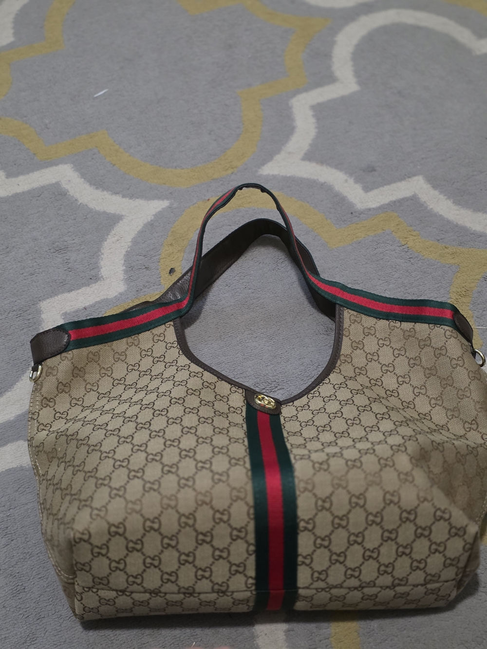 Designer-Style Beige Monogram Tote with Red-Green Stripe